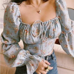 Commense - Blue Floral Poplin Long-sleeve Top